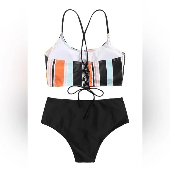 Women’s Striped Lace Up Multicolor Bikini Swim Set XS - Picture 2 of 3
